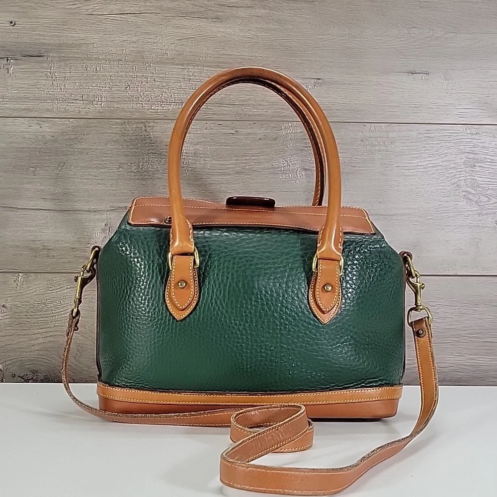 Vintage Dooney & Bourke Green Pebbled Leather Satchel with Tan Trim and Handles
